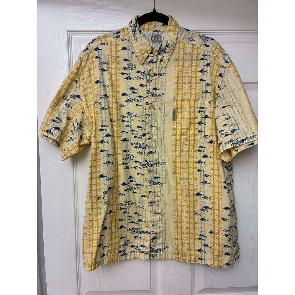 Columbia PFG Fishing Shirt Men's L Yellow Blue Fish Print Short Sleeve Button Up